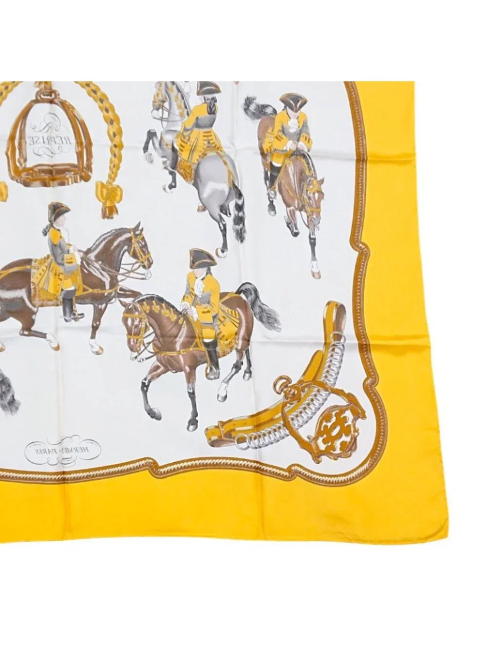 Hermes Carre 90 Reprise Ledoux Yellow Silk 100% Large Scarf